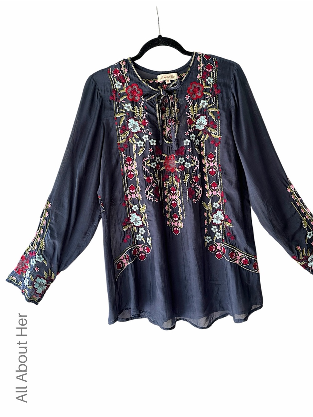 EMBROIDERED NAVY FLORAL BOHO TOP TUNIC TIE NECK SEMI SHEER LONG SLEEVES | MEDIUM